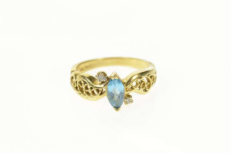 14K Yellow Gold Oval Blue Topaz Diamond Accent Filigree Ring