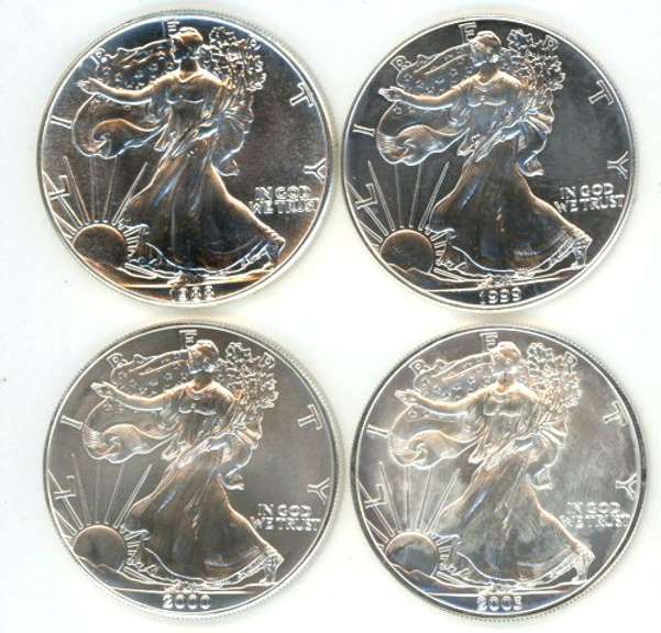 4 Diff. Superb Gem BU $1 American Silver Eagles 1988-2009