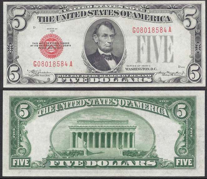 $5 1928-C Legal Tender Choice Crisp Uncirculated.