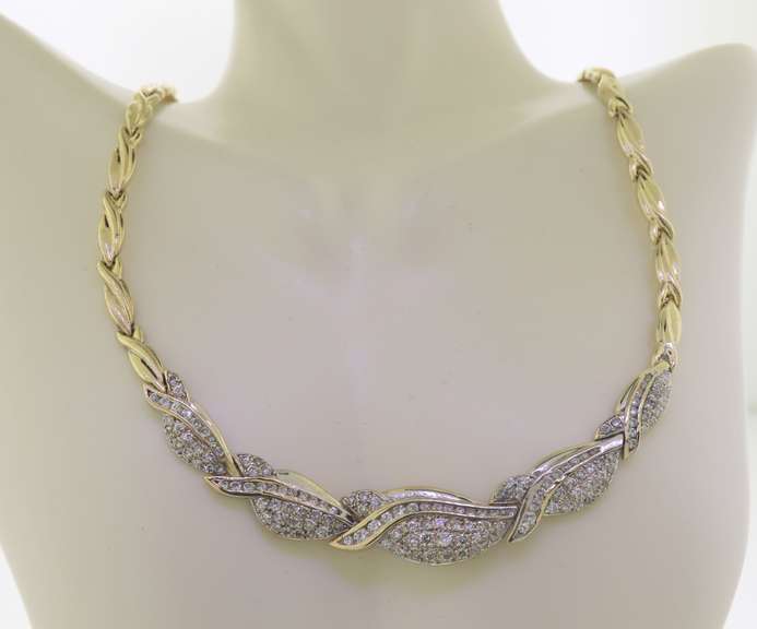 Eyecatching Yellow Gold Leaf Style CZ Necklace w Matching Bracelet