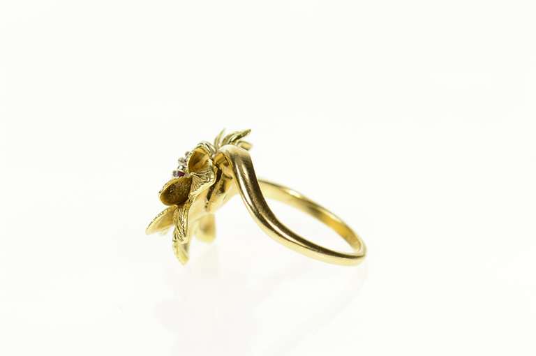 14K Yellow Gold Ruby Diamond Ornate Retro Flower Statement Ring