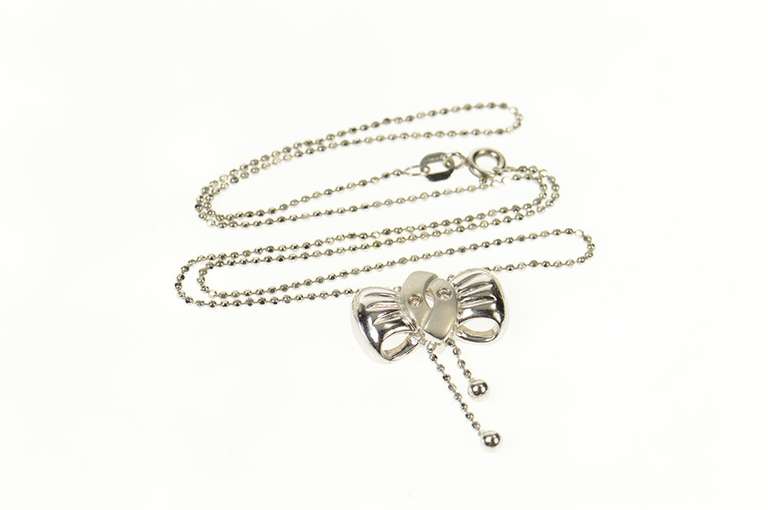 18K White Gold Diamond Bow Ribbon Dangle Ball Link Chain Necklace