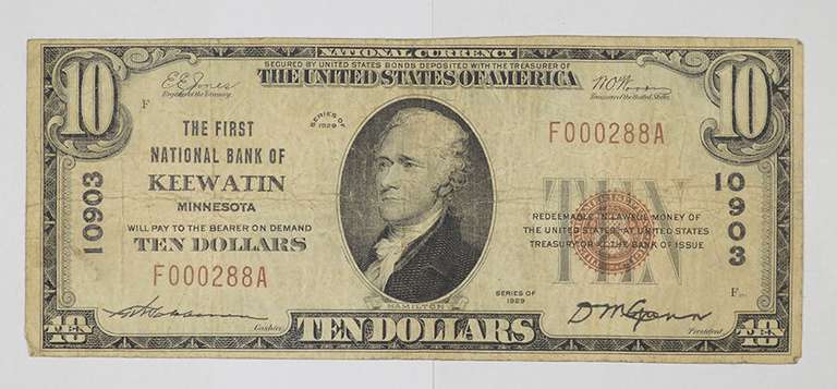 1929 $10 National Currency Note - Keewatin, MN