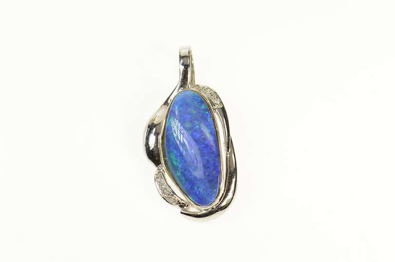 14K White Gold Natural Black Opal Diamond Accent Statement Pendant