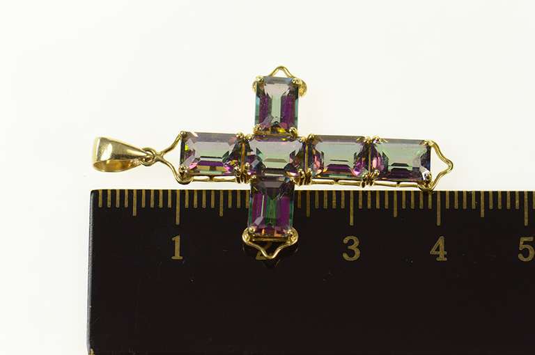 14K Yellow Gold Emerald Cut Mystic Topaz Cross Christian Pendant