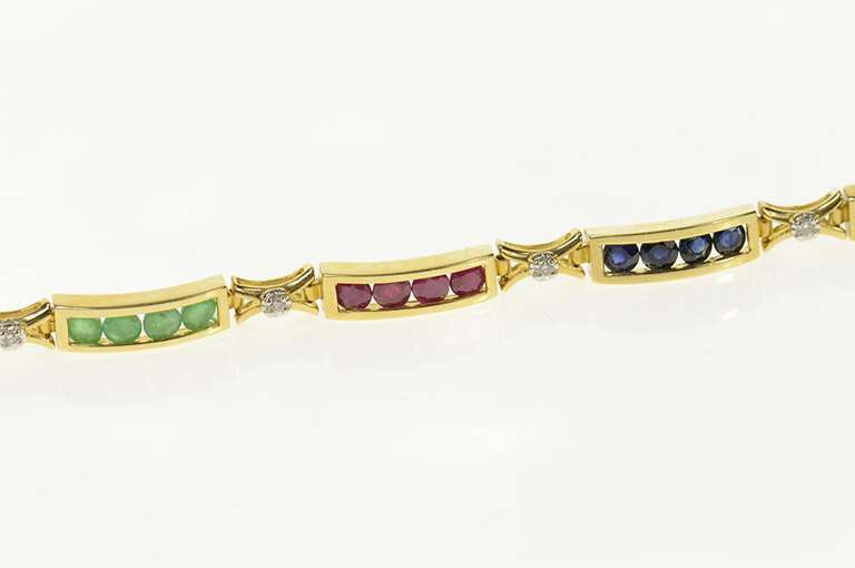 14K Yellow Gold Ruby Emerald Sapphire Diamond Bar Link Bracelet