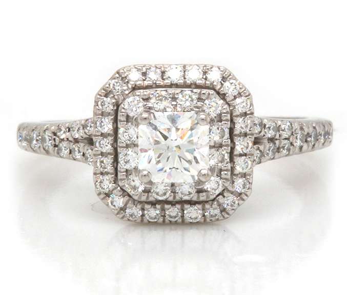 Sparkling White Gold Suare Radiant Diamond w Double Halo Eangagement Ring