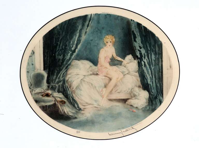 ORIGINAL WATERCOLORING BY LOUIS ICART BLUE ALCOVE 1929. SIGNED  ICART BLUE ALCOVE