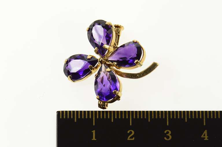 14K Yellow Gold Retro Syn. Amethyst Clover Shamrock Pin/Brooch