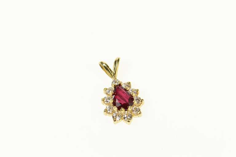 14K Yellow Gold Pear Ruby CZ Halo Ornate Statement Pendant