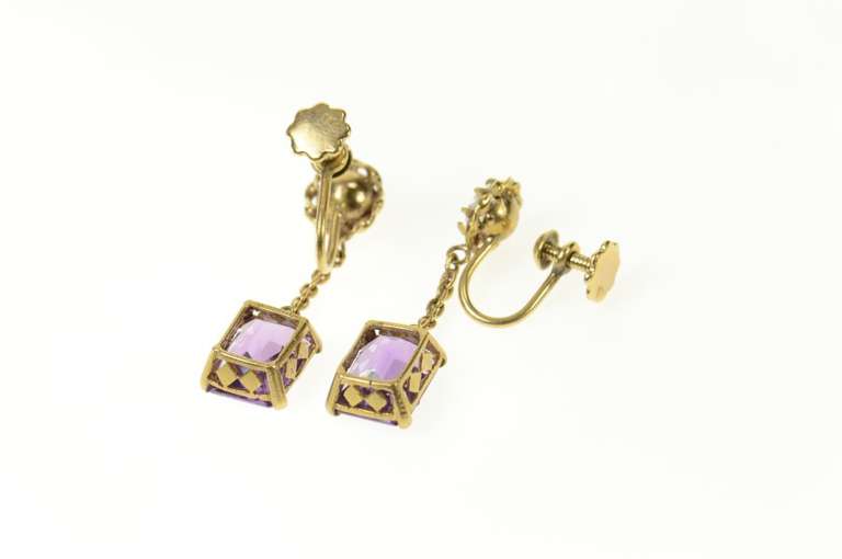 18K Yellow Gold Victorian Amethyst CZ Dangle Screw Back Earrings