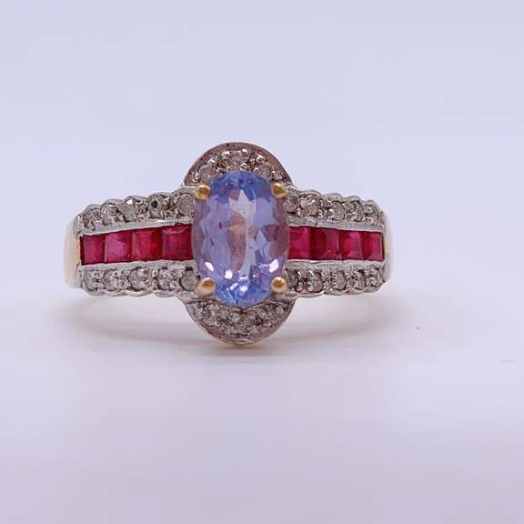 10kt Gold, Tanzanite, Ruby, & Diamond Cocktail Ring