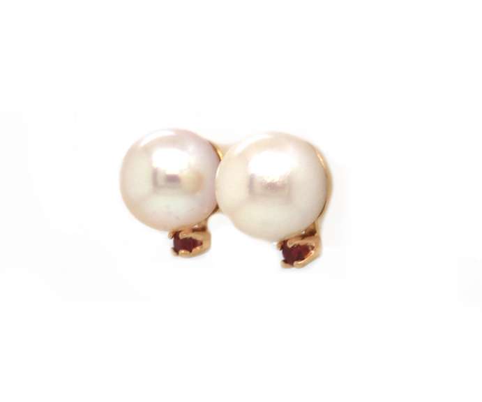 Nice Yellow Gold 6.5-7mm Pearl and Ruby Earrings
