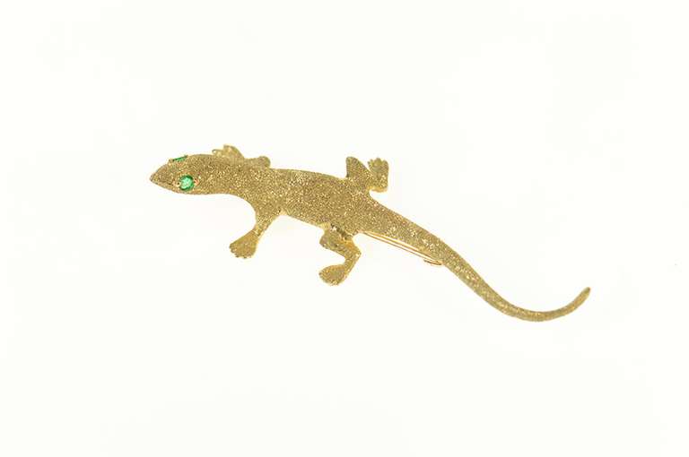 14K Yellow Gold Emerald Eyed Lizard Textured Gecko Pin/Brooch
