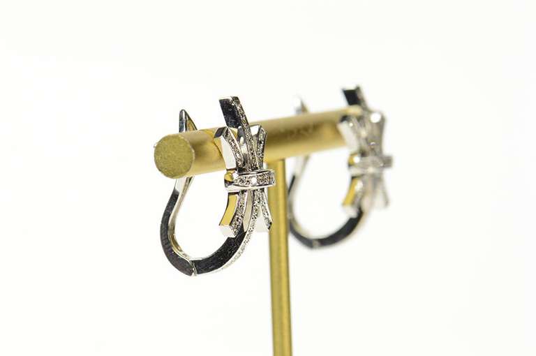 18K White Gold 0.68 Ctw Diamond Curved Bar Cluster Hoop Earrings