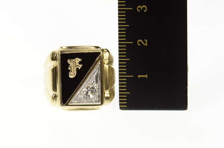 10K Yellow Gold F Monogram Black Onyx CZ Squared Retro Ring