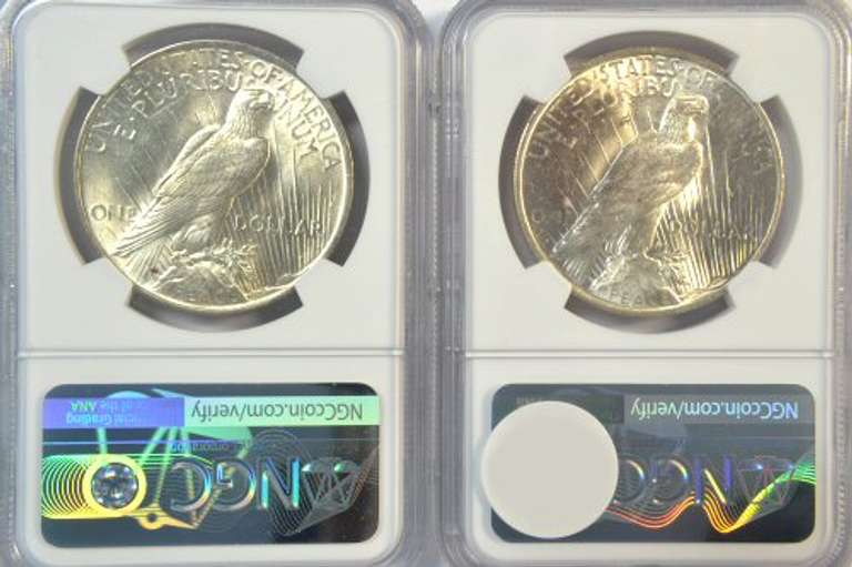 2 Blazing Choice BU 1923 Peace Silver Dollars. NGC MS63