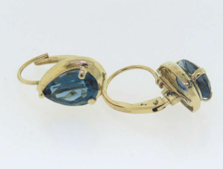 Fabulous Yellow Gold Pear Blue Topaz Dangle Earrings