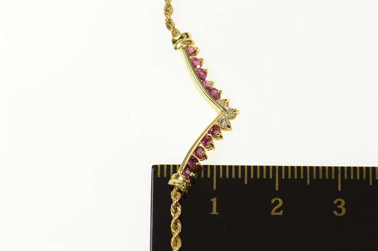 14K Yellow Gold Chevron Ruby Diamond Pendant Rope Chain Necklace
