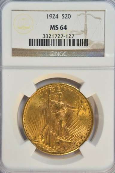 Nearly Gem BU 1924 St. Gaudens $20 Gold. NGC MS64