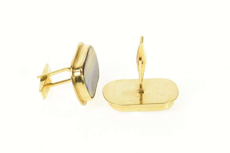 14K Yellow Gold Ornate Natural Raw Opal Inset Cuff Links