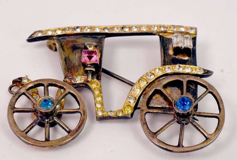 Whimsical Sterling Silver Horse Carriage Brooch with Multi-Colored Crystal Accents