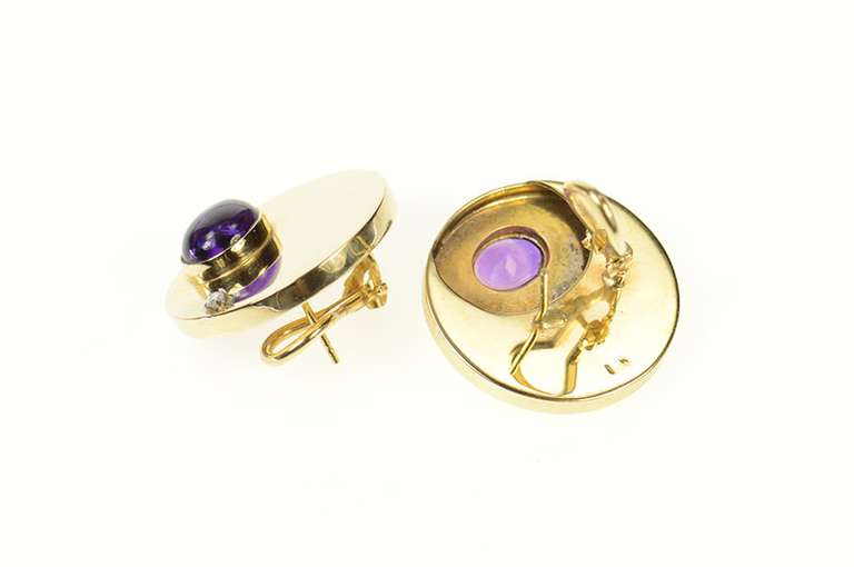 14K Yellow Gold Retro Amethyst Diamond Circle French Clip Earrings