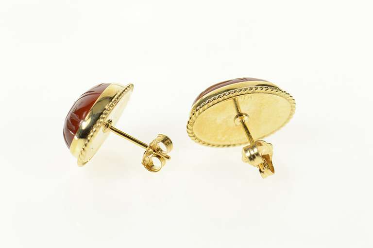 14K Yellow Gold Carved Carnelian Scarab Retro Stud Earrings