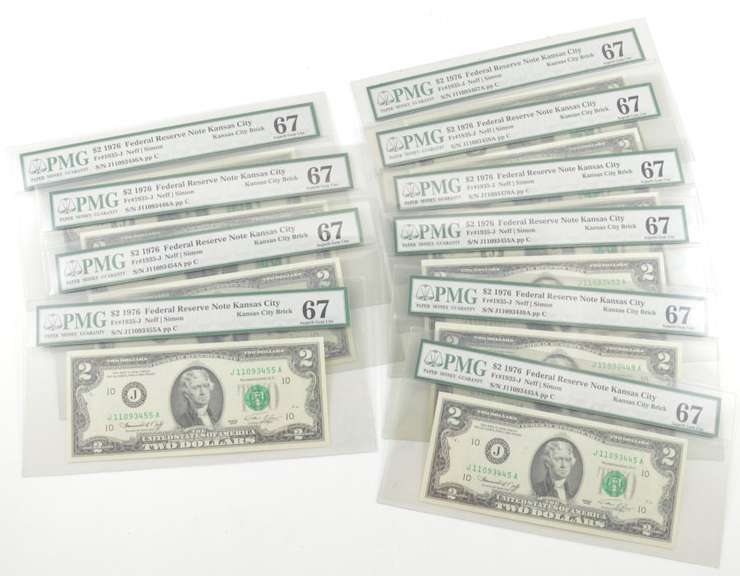 (10) $2 1976 Kansas City, MO FR Note PMG 67 Superb Gem Unc Fr # 1935-J