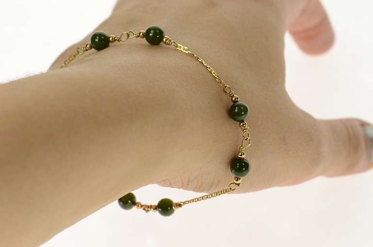 14K Yellow Gold Retro Nephrite Anchor Link Chain Bracelet