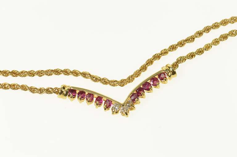 14K Yellow Gold Chevron Ruby Diamond Pendant Rope Chain Necklace