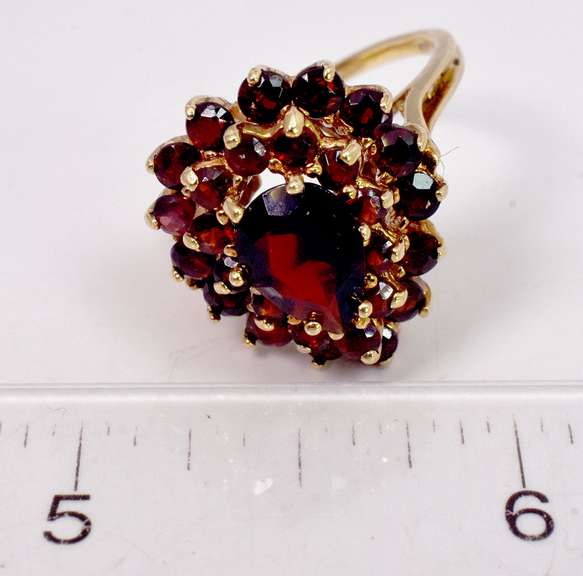 Glamorous Garnet Cluster Gold Ring Feat A large Center Tear Drop Garnet