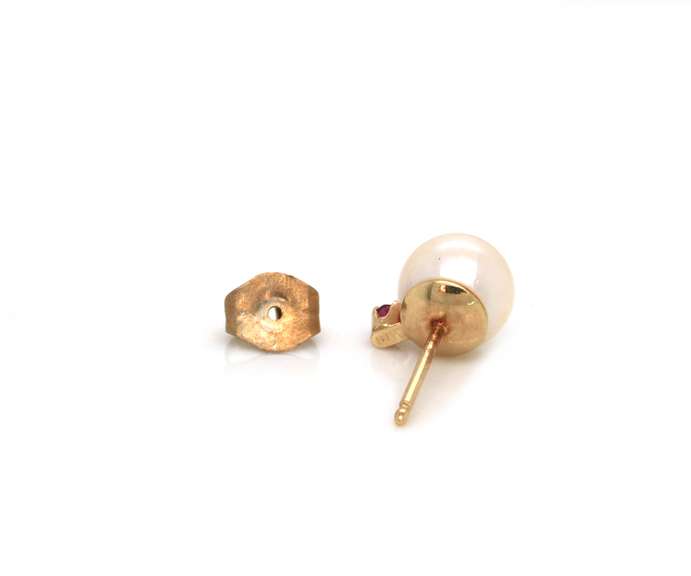 Nice Yellow Gold 6.5-7mm Pearl and Ruby Earrings