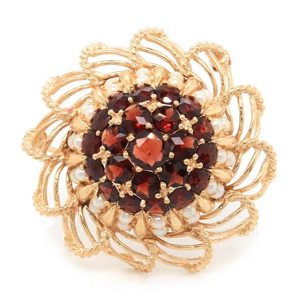 Entrancing 14kt YG Garnet & Pearl Flower Brooch with Openwork Petals