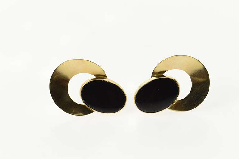 14K Yellow Gold Retro Oval Black Onyx Circle Drop Statement Earrings