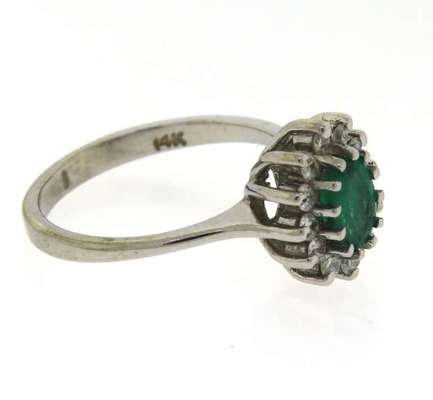 Graceful White Gold Emerald and Diamond Halo Ring