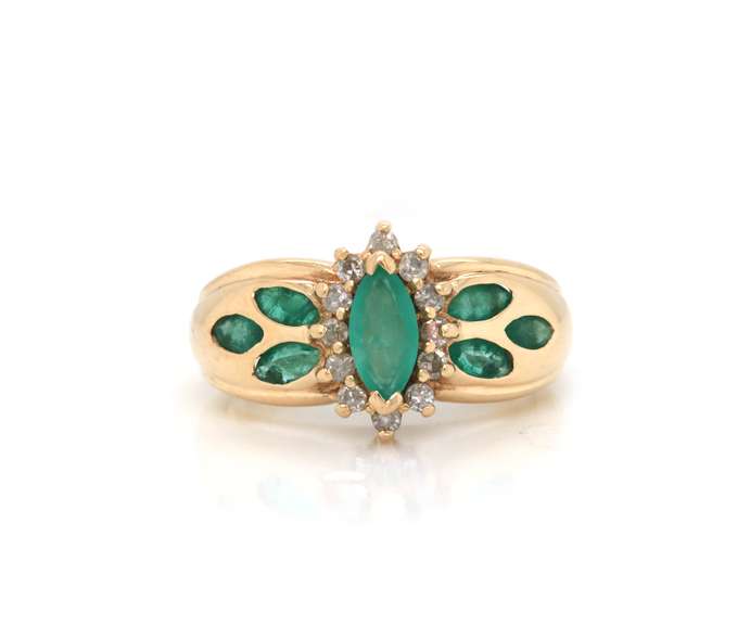 Fantastic Marquise Emerald and Diamond Yellow Gold Cocktail Ring