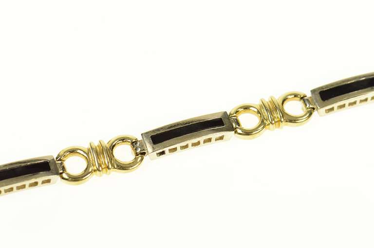 14K Yellow Gold Black Onyx Squared Inlay Bar Link Statement Bracelet