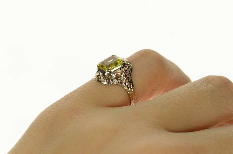 14K Yellow Gold Art Deco Two Tone Filigree Yellow Topaz Ring