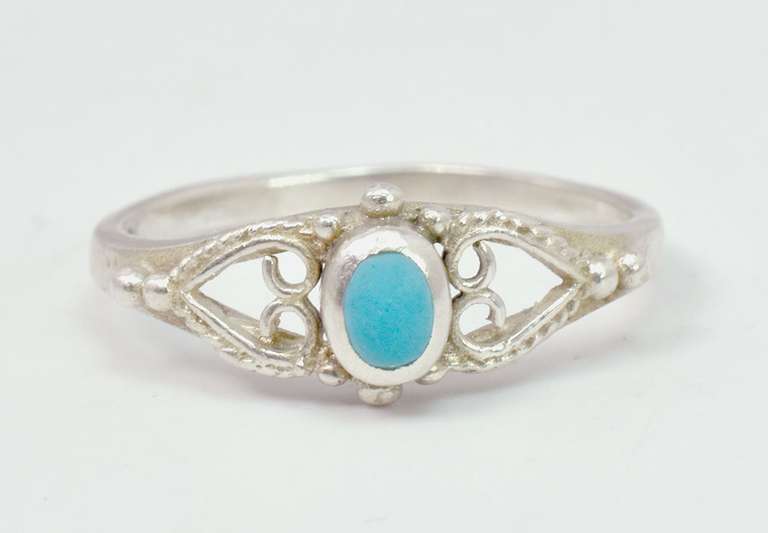 Dainty Heart Design Sterling Silver Ring with Center Turquoise