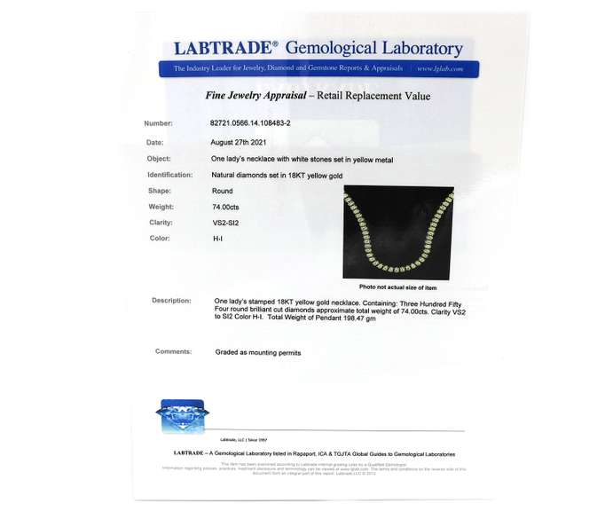 Uncomparable 18kt, 74cts Diamond Tennis Necklace