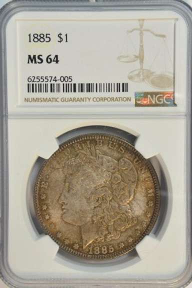 Rich near Gem BU 1885 Morgan Silver Dollar. NGC MS64