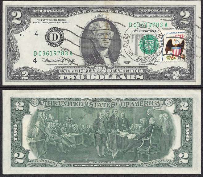 $2 1976 FRN with First Issue Stamp