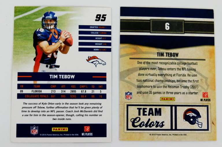 2 Tim Tebow 2010 Panini Rookie Football Cards