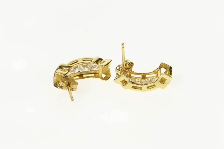 14K Yellow Gold Semi Hoop Curved Bar CZ Statement Earrings