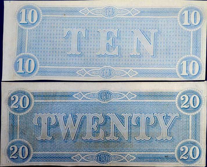 Lot of 2 1864 Confederate States Of America $10 And $20. Circulated.
