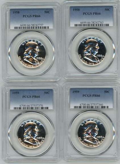 2 1958 & 2 1959 Gem Proof Franklin Half Dollars. PCGS PR66