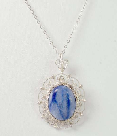 Beautiful Blue Cabochon Pendant Necklace in Sterling Silver