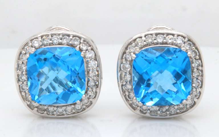 Powerful White Gold Cushion Blue Topaz and Diamond Earrings
