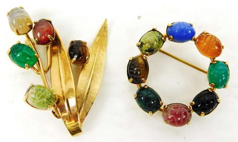 Vintage Collection of Gold-Filled Gemstone Scarab Jewelry